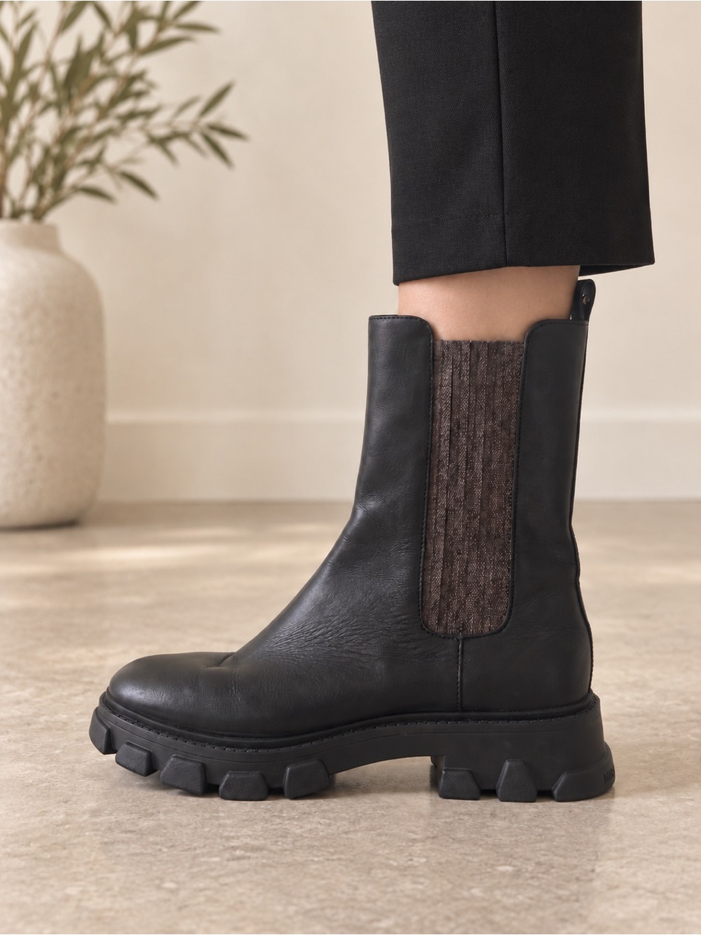 Michael Kors Black Leather Chelsea Lug Boots with Brown Elastic